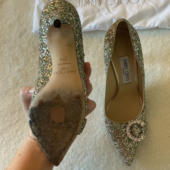 Rare Jimmy Choo Green Saresa 85 Glittered Court Shoes With Crystal Buckle - Picture 7 of 9